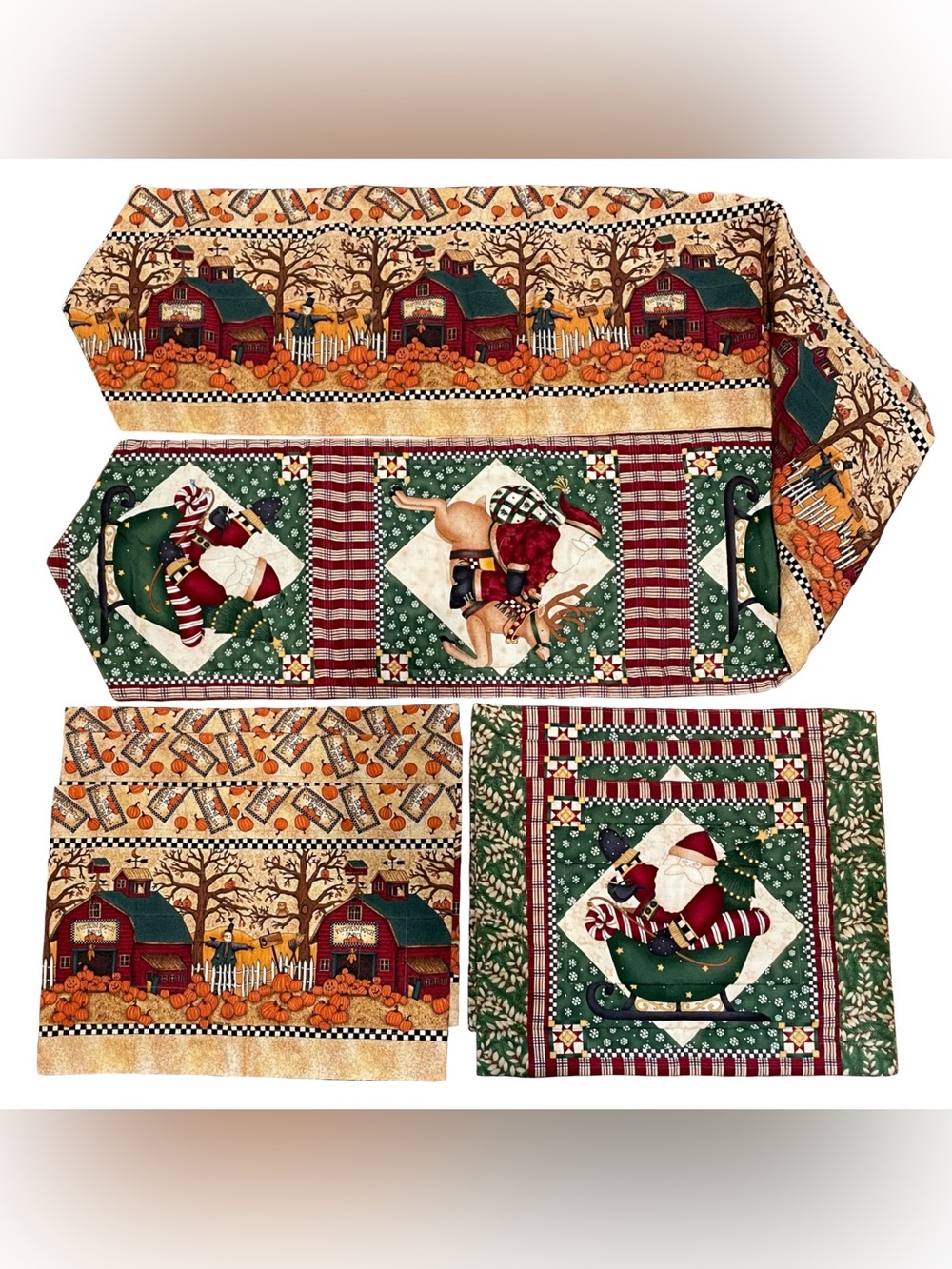 Debbie Mumm Table Runner + 6 Place Mats Set Reversible Fall/Autumn & Christmas
